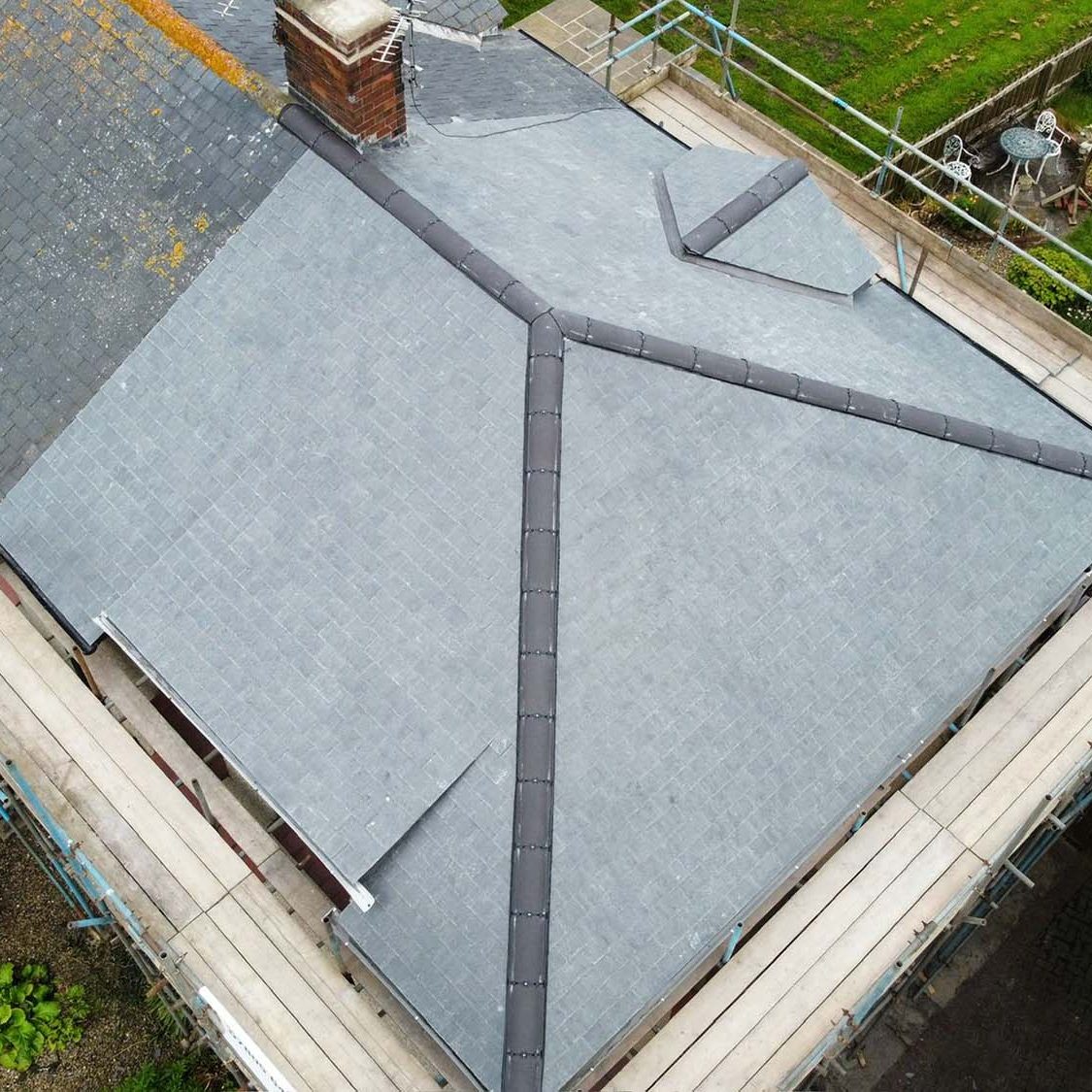 Aerial view of new pitched roof