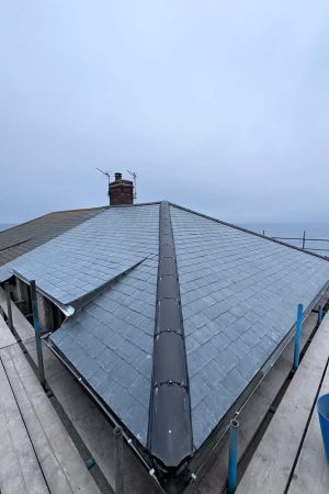 Blue and grey low pitched roof