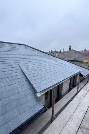 Blue low pitched roof